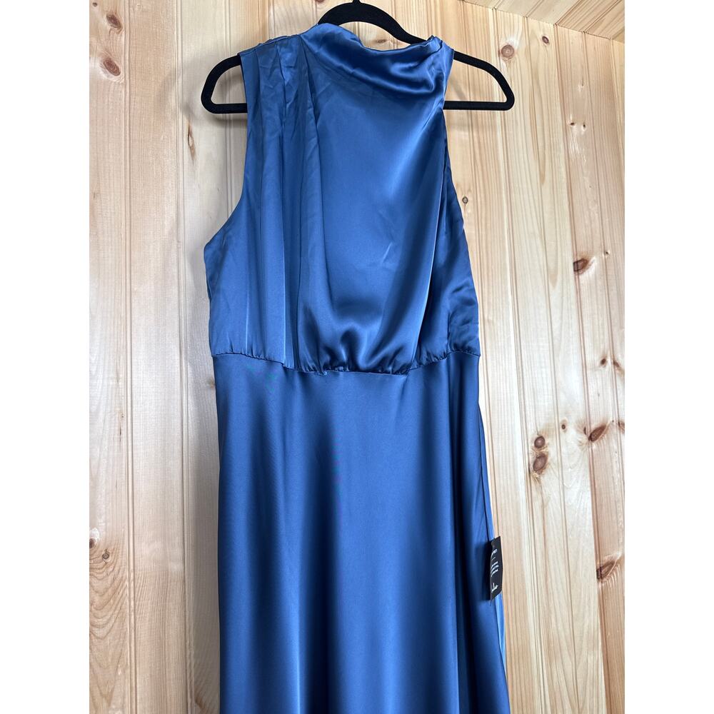 NWT Lulus Distinctive Charm Slate Blue Satin Asymmetrical Maxi Dress Wedding 1X - Picture 4 of 8